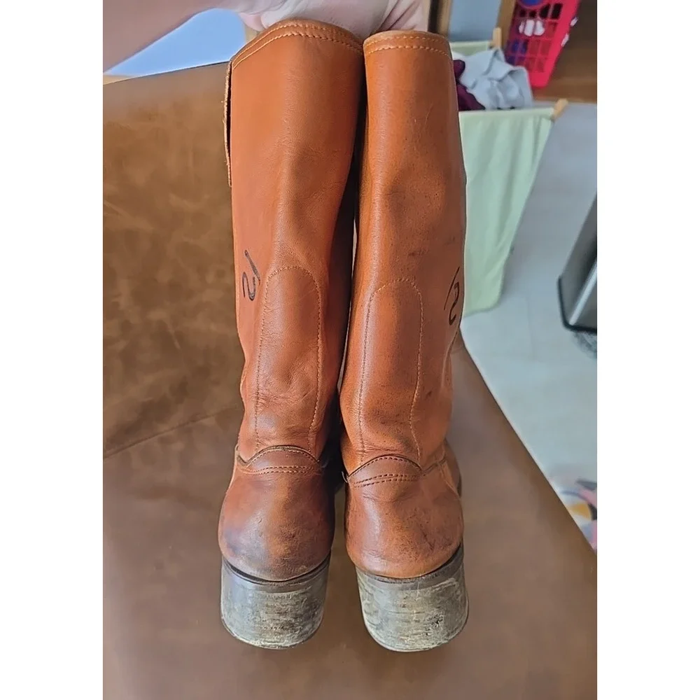 Vtg Double-H Orange Leather Round Toe Pull On Cowboy Western‎ Boots Mens 11D